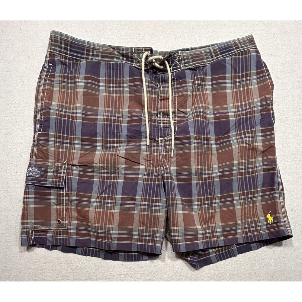 Vintage polo Ralph Lauren Mens XL Board Shorts Plaid‎ Swim Trunks Cargo Pocket